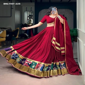 Good Quality Rayon with MultiColor Printed Border Embossed Lace Flared <b>Red</b> <b>Lehenga</b>-Readymade Blouse Set Worldwide Supplier - Product Image 1