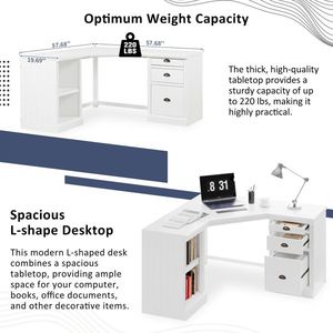 Bureau de direction moderne en forme de L de 57,68 po avec 2 armoires de rangement et 3 tiroirs, bureau d'angle pour ordinateur, mobilier de bureau compatible - Product Image 5