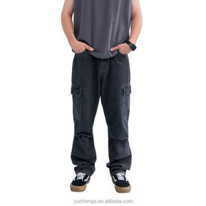 กางเกงคาร์โก้ทรงขาบานผ้าเดนิมสีดำสำหรับผู้ชาย สไตล์ฮิปฮอป ลำลอง สตรีทแวร์ เอวยางยืด ระบายอากาศได้ดี เหมาะสำหรับฤดูใบไม้ร่วงและฤดูหนาว - Product Image 5