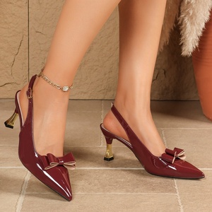 Office Ladies Burgundy Patent Leather Slingback Heels Summer Pointed Toe <b>Bow</b> Stiletto Heel Pumps - Product Image 2