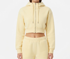 Ensemble de survêtement premium pour femme, jaune clair, avec sweat à capuche court à épaules tombantes et short en polaire, style décontracté pour l'automne - Product Image 2