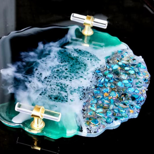 HANDMADE Decorative Ocean Resin tray glass Elegant Tray W/ Gold <b>crystal</b> Handles Perfume Tray Turquoise <b>Geode</b> Resin Tray beach Co - Product Image 1