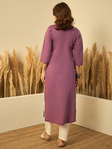 Purple Cotton <b>Kurta</b> With Embroidery Traditional Indian Ethnic Wear For <b>Women</b> Casual Ankle-Length Regular Fit - Product Image 4