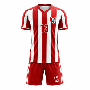 Conjunto de Uniforme de Fútbol Personalizado con Rayas Rojas y Blancas, Uniforme Deportivo Transpirable de Poliéster con Pantalones Cortos para Equipos - Product Image 1