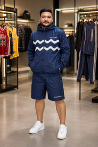 REXFIT SPORTS 2026 Wholesale <b>Men</b>’s Navy Blue Nylon Hooded Windbreaker <b>Jacket</b> and Shorts Set Custom Logo Sportswear - Product Image 4
