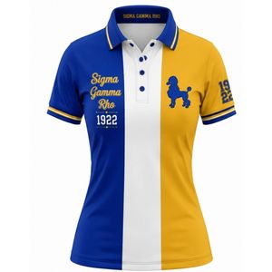 Polo 3 panneaux Sigma Gamma Rho pour femme, bleu roi, or et blanc, avec lettres grecques brodées sur mesure, vêtement de mode pour sororité - Product Image 1