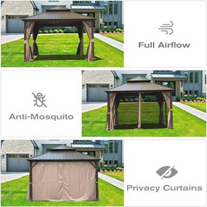 12 X 12 Hardtop Aluminum Metal Gazebo with Galvanized Steel Double <b>Roof</b> <b>Canopy</b> & Curtain Netting Permanent Pergola - Product Image 5