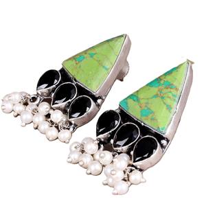 Boucles d'oreilles en laiton oxydé argenté, style bohème tribal, onyx, pour amoureux |   Bijoux ethniques avec perles pendantes |   Boucles d'oreilles pendantes indiennes faites à la main pour femmes - Product Image 1