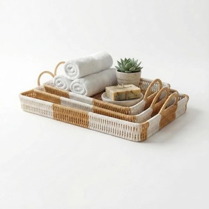 Rectangle Rattan Handwoven Tray Trio <b>Set</b> Perfect For Bathroom Vanity Organization Soap Perfume And Towels From India - Product Image 2