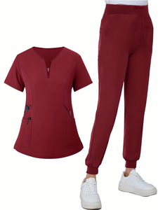 Ensemble de Blouse et Pantalon Médical Femme Rouge Haute Qualité 2026 en Coton et Polyester Tricoté, Col en V, Fermeture Éclair sur le Devant, avec Poches - Product Image 4