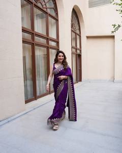 Sari classique brodé Zari, tenue de soirée, sari Rangoli, élégance ethnique, sari en soie, broderie gracieuse, sari festif en soie - Product Image 5