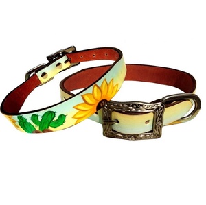 Collar de perro de cuero genuino de la más alta calidad hecho a mano con diseño de girasol y cactus pintado a mano Proveedor superior Saman Exports - Product Image 5