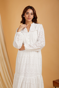 Custom Summer White Eyelet Embroidered Midi <b>Dress</b> V-Neck Puff Sleeve Smocked Waist Tiered Hem Cotton Boho Casual <b>Dress</b> For Women - Product Image 2