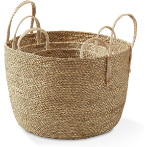 Panier de rangement ouvert en herbe naturelle tressée, corde de coton, fait main, style tendance, doublure en paille, deux poignées, imperméable, unisexe, pour l'organisation - Product Image 6