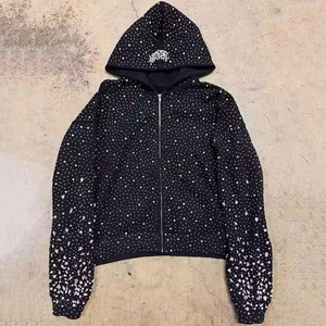 Sudadera con capucha unisex extragrande blanca con cremallera y pedrería, totalmente adornada con cristales, estilo urbano, para invierno, ODM, camisetas extragrandes - Product Image 3