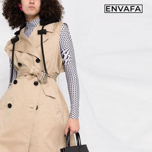 ENVAFA <b>Women</b> Hooded Sleeveless Double Breasted Trench <b>Coat</b> Long <b>Belted</b> Casual Windproof Waterproof Eco-Friendly Solid Color 100% - Product Image 5
