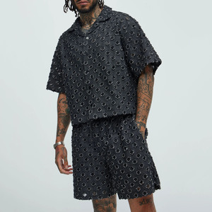 Men's <b>Geometric</b> Print Short Sleeve <b>Shirt</b> & Shorts Set Turn-Down Collar Casual Summer Wear Breathable Woven Polyester - Product Image 5