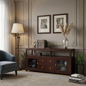 Modern Solid Wood TV <b>Stand</b> with Drawers and Glass <b>Doors</b> for Living Room Furniture Kona Coffee Color - Product Image 2