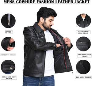 Chaqueta de Motero para Hombre, Elegante y de Alta Calidad, Personalizada, de Cuero Genuino Negro para Invierno, Venta al Por Mayor con Logotipo Personalizado OEM - Product Image 4