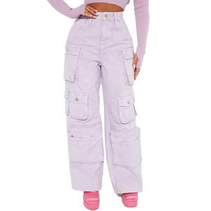 Women High <b>Waist</b> Cargo Pants Denim Blue Utility Loose Fit Full Length With Multiple Pockets Button Fly Stonewashed Style - Product Image 3