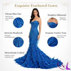 Luxury <b>Royal</b> <b>Blue</b> Hand Beaded Sequined Feather Mermaid Natural Evening Gown Women | Strapless Designer <b>Party</b> Prom Wedding <b>Dress</b> - Product Image 5