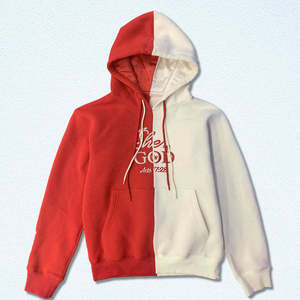 Sweat-shirt à capuche bicolore pour homme, rouge et blanc, en polaire, décontracté, pour l'automne, avec poche avant imprimée, coupe classique - Product Image 1
