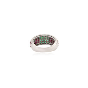 Art Deco Genuine Princess Cut Emerald & Round Brilliant Cut Ruby <b>Statement</b> Dome Band <b>Ring</b> in 925 <b>Silver</b> Wholesale Jewelry - Product Image 6