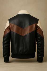 Blouson Bomber en Cuir Véritable pour Homme, Style Moto Biker Color Block, Fermeture Éclair, Col Montant, Idéal pour l'Automne - Product Image 2