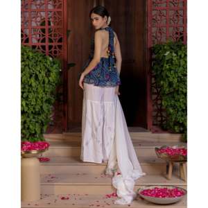 Conjunto de Salwar Kameez Sharara Palma Blue Bandhani, Talla XS, para Bodas y Eventos - Product Image 4