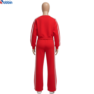 Conjunto Deportivo de Alta Calidad para Mujer, con Rayas Rojas, Sudadera de Manga Larga con Cuello Redondo y Cuello en V, Pantalones Deportivos Anchos, Conjunto Casual de 2 Piezas - Product Image 3