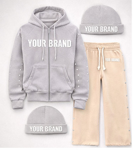 Custom Logo Winter <b>Oversized</b> Hoodie Sweatpants Beanie Streetwear Tracksuit 100% Cotton Fleece 420g Breathable Rhinestone <b>Jogger</b> - Product Image 3