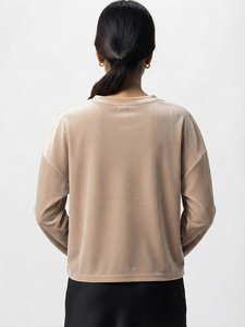 เสื้อยืดแขนยาวคอกลมทรงหลวมสำหรับผู้หญิง ผ้าฝ้าย 100% ระบายอากาศได้ดี ทรงหลวมไหล่ตก เสื้อยืดกำมะหยี่สำหรับผู้หญิง - Product Image 5