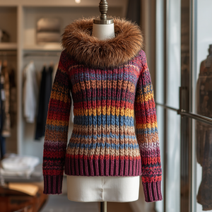 Computer Knitted Faux <b>Fur</b> Trim Women Sweater Fashion Knitwear with OEM ODM Customization - Product Image 5