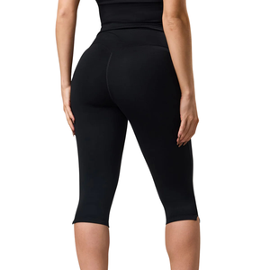 Women's Black Thin Knitted High Waist Capri Yoga Leggings Solid Logo Seamless Stretch Workout Gym Pants <b>Tummy</b> <b>Control</b> Activewear - Product Image 3