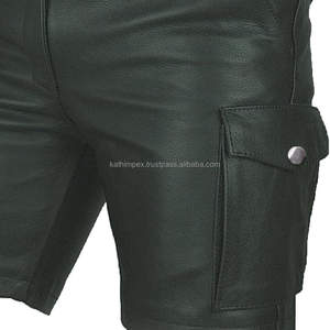 <b>Men's</b> Genuine Leather <b>Shorts</b> Green Biker Style Multi Pocket <b>Utility</b> for Outdoor Streetwear Casual Wear - Product Image 4
