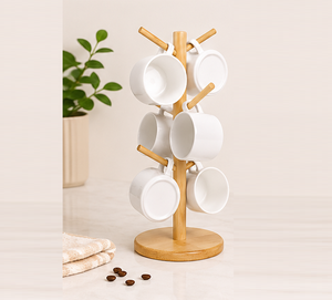Eco-Friendly Natural Bamboo Mug <b>Tree</b> Rack <b>Stand</b> With 6 Hooks Stable Wooden Coffee Cup Holder & Organizer For Kitchen Countertop - Product Image 3