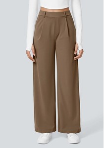 Pantalones de Pierna Ancha de Cintura Alta para Mujer, Color Sólido, Tela Crepé, Pliegues Delanteros, Corte Holgado, Casual, Largos, para Otoño - Product Image 4