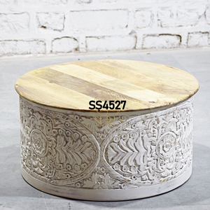 SUREN SPACE Rustic Farmhouse Round Coffee <b>Table</b> with Wooden Top and Carved <b>White</b> Base S1227 Storage Living Room Furniture - Product Image 1