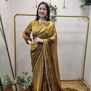 Sari de seda dorada pre-cosido, listo para usar en un minuto, con blusa cosida. | Vestidos Elegantes para Fiestas y Bodas para Mujer - Product Image 5