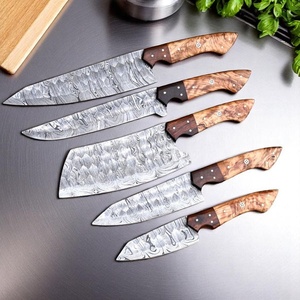 A&M Enterprises Handmade Damascus Steel Chef <b>Knife</b> <b>Set</b> Blades Five-Piece Wood Handle Ambidextrous Leather Sheath Survival <b>Knives</b> - Product Image 2
