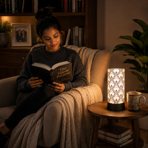 Elegant Floral Printed Linen Table Lamp | Modern Bedside <b>Night</b> <b>Light</b> | Decorative Living Room Desk Lamp | Warm Ambient LED - Product Image 2