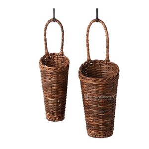 Panier de rangement cylindrique rustique tressé à la main avec poignée haute pour fixation murale/au crochet et décoration intérieure - Product Image 1