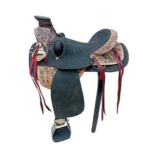Silla de montar western de cuero negro teñido a tambor, con asiento rígido Big Horn, diseño floral artesanal, para carreras de caballos, con estampados plateados y árbol de plástico de 10/18 pulgadas - Product Image 1