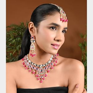 Gold Plated Alloy Floral Choker Necklace Earring Bracelet Set Zircon Imitation Pearl Ethnic Wedding Women Dailywear Party Wear - Product Image 6