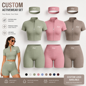 Ensemble de sport pour femme : veste zippée et short taille haute, tenue de yoga personnalisée 3 pièces, streetwear pour femme - Product Image 1