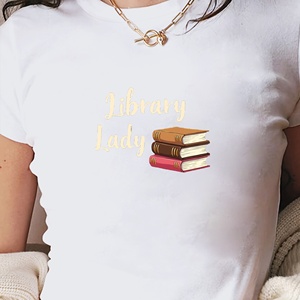 T-shirt court en tricot imprimé coupe slim Y2K pour femme avec motif empilement de livres - Product Image 2