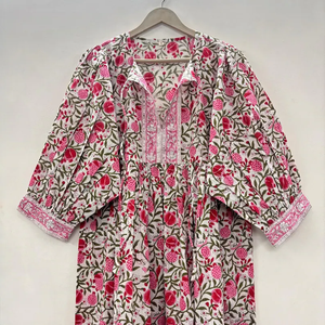 Vestido casual midi de mujer, 100% algodón, tejido, liso/con estampado floral, detalles estructurales, cuello en V, manga corta, estilo imperio, talla grande - Product Image 3