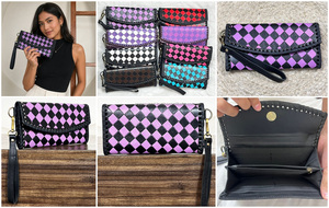 Cartera de mano de cuero a cuadros morada y negra de diseño occidental, estilo vaquera, con correa para la muñeca, monedero boutique de moda para mujer - Product Image 3