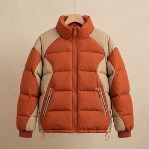 Unisex Orange Beige Color Puffer Jacket Quilted Winter <b>Coat</b> <b>Stand</b> Collar Zip Up Outdoor Streetwear Custom Private Label OEM ODM - Product Image 2