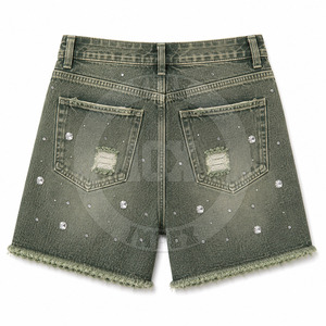 Shorts de Mezclilla con Logotipo Personalizado, Adornados con Pedrería, Estilo Desgastado, con Bolsillos, Corte Holgado, para Verano - Product Image 2